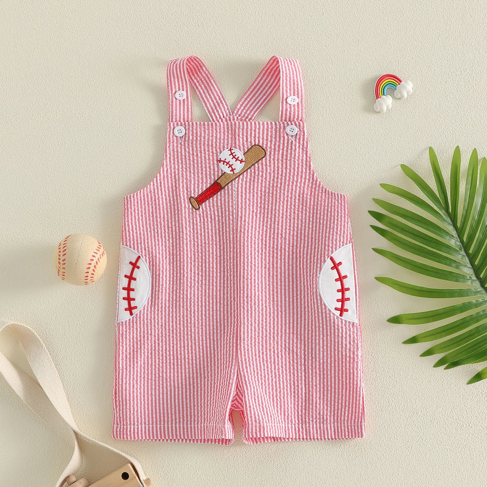 Toddler Baseball Embroidered Striped Overalls