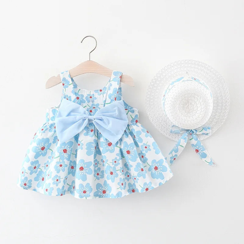 Floral Sling Dress & Gift Hat Set for Baby Girls