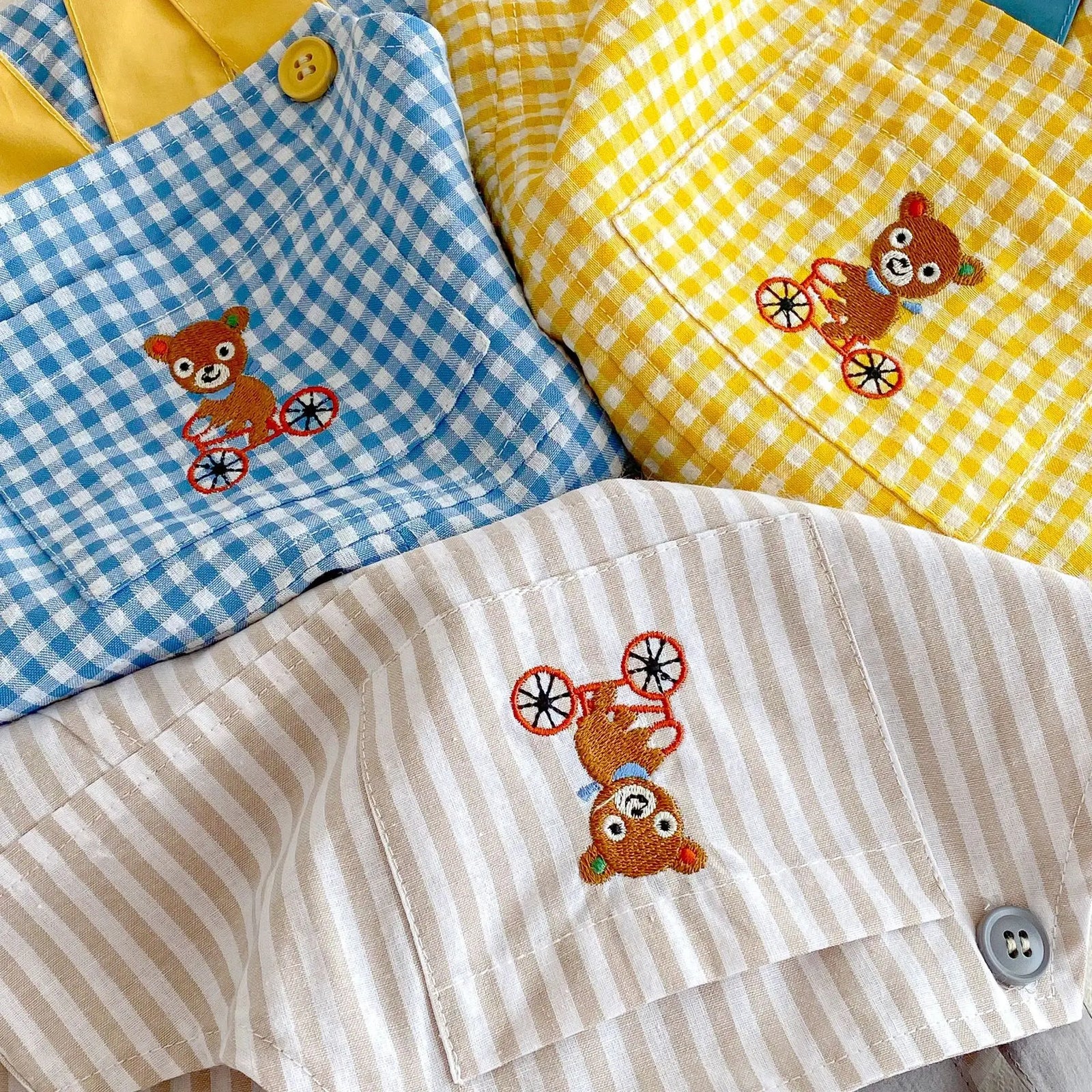 Unisex Checkered Overalls with Bear Embroidery
