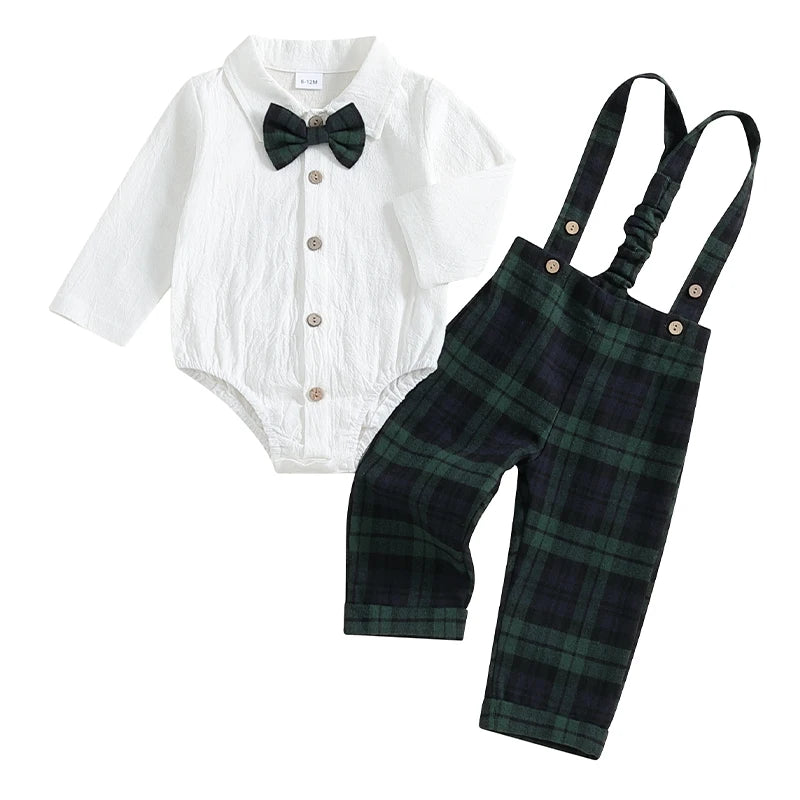 Baby Boy Gentleman Romper Set with Plaid Suspender Pants & Bow Tie