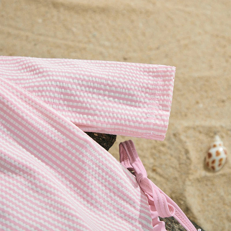 Girls Long Sleeve Striped Swimsuit with Hat