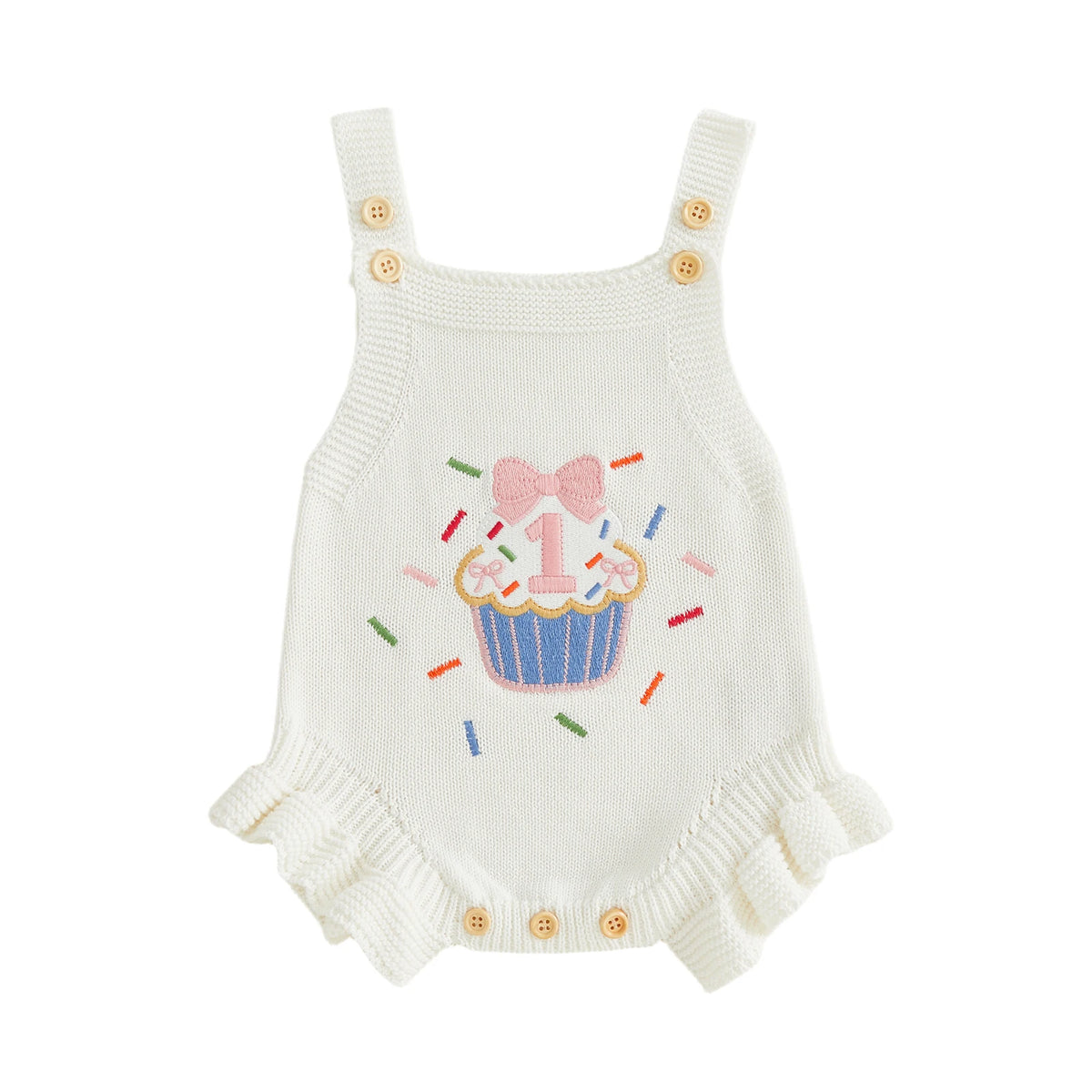 Baby Girl 1st Birthday Knit Bodysuit Embroidery Cupcake 6–18M