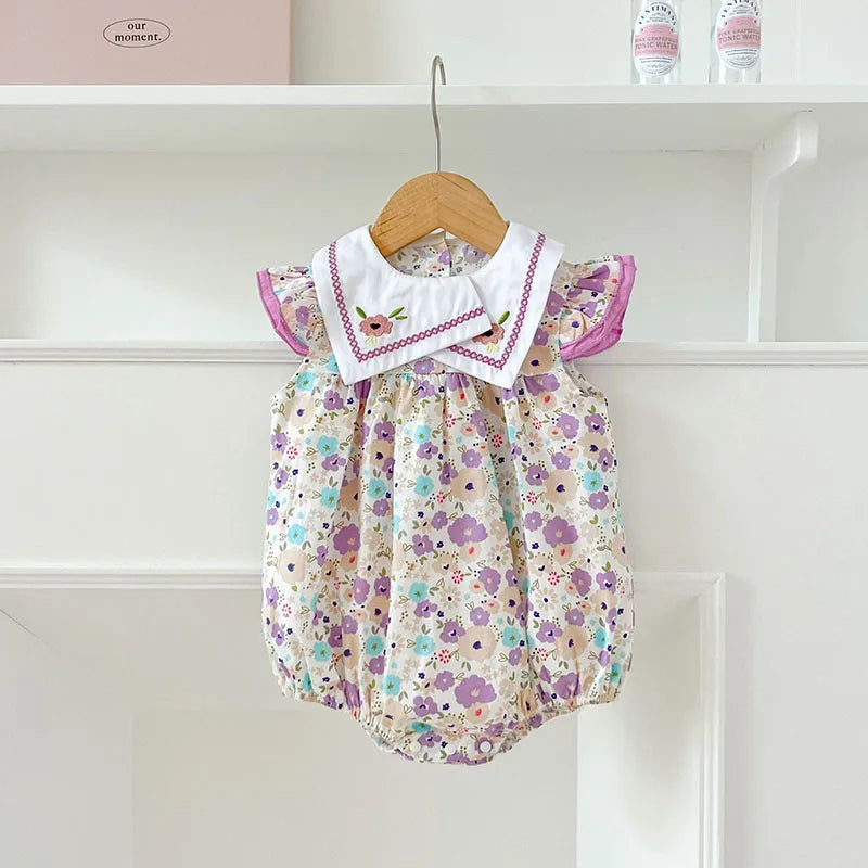 Baby Girl Floral Embroidery Square Collar Sleeveless Bodysuit | Newborn Jumpsuit