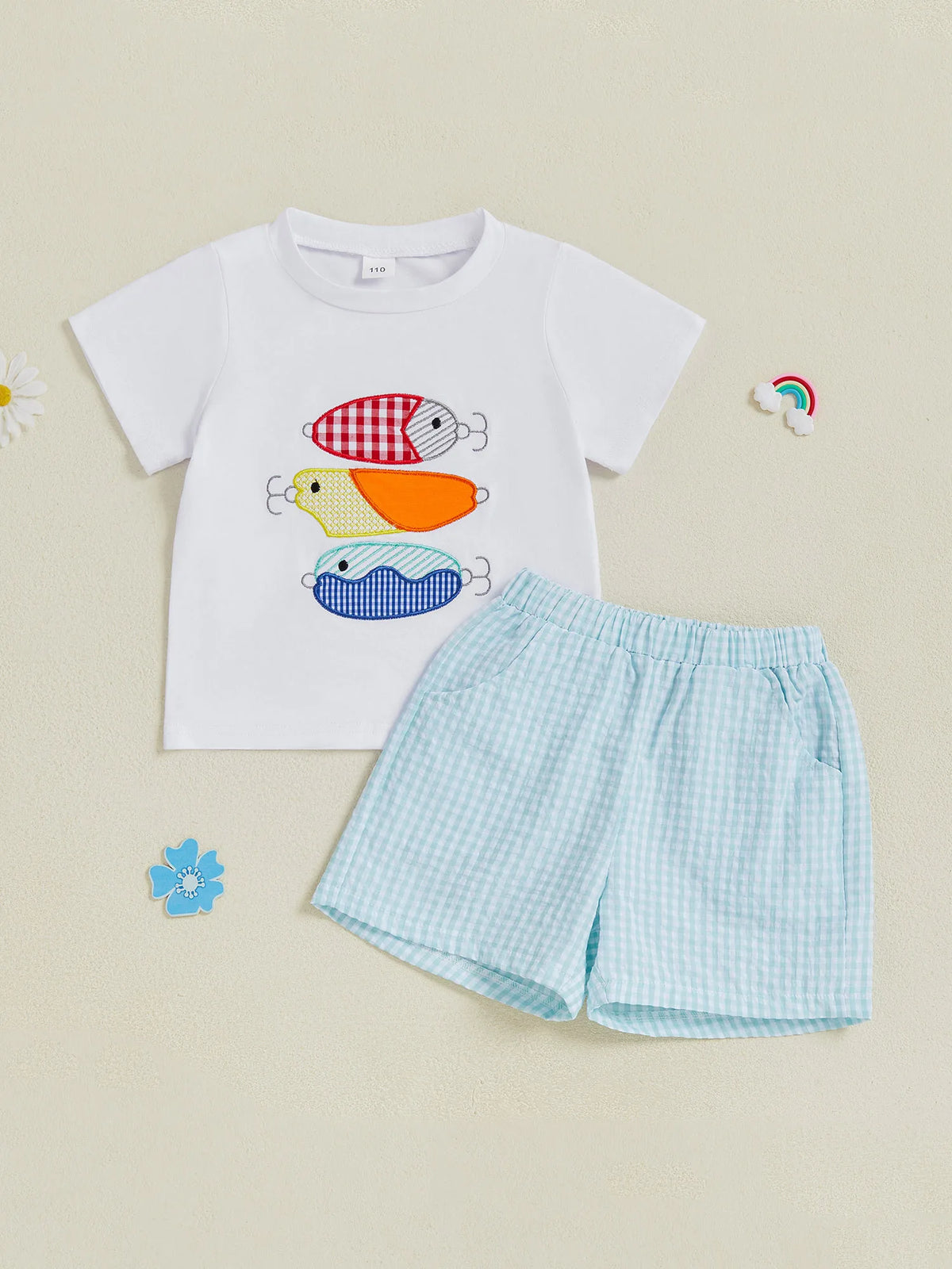 Fish Print T-Shirt and Gingham Shorts Set