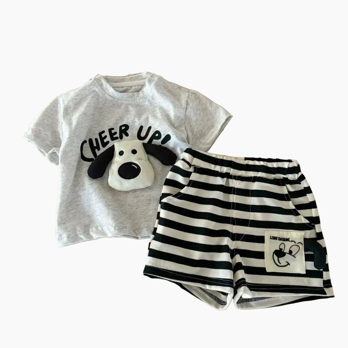 3D Puppy T-Shirt & Striped Shorts Set
