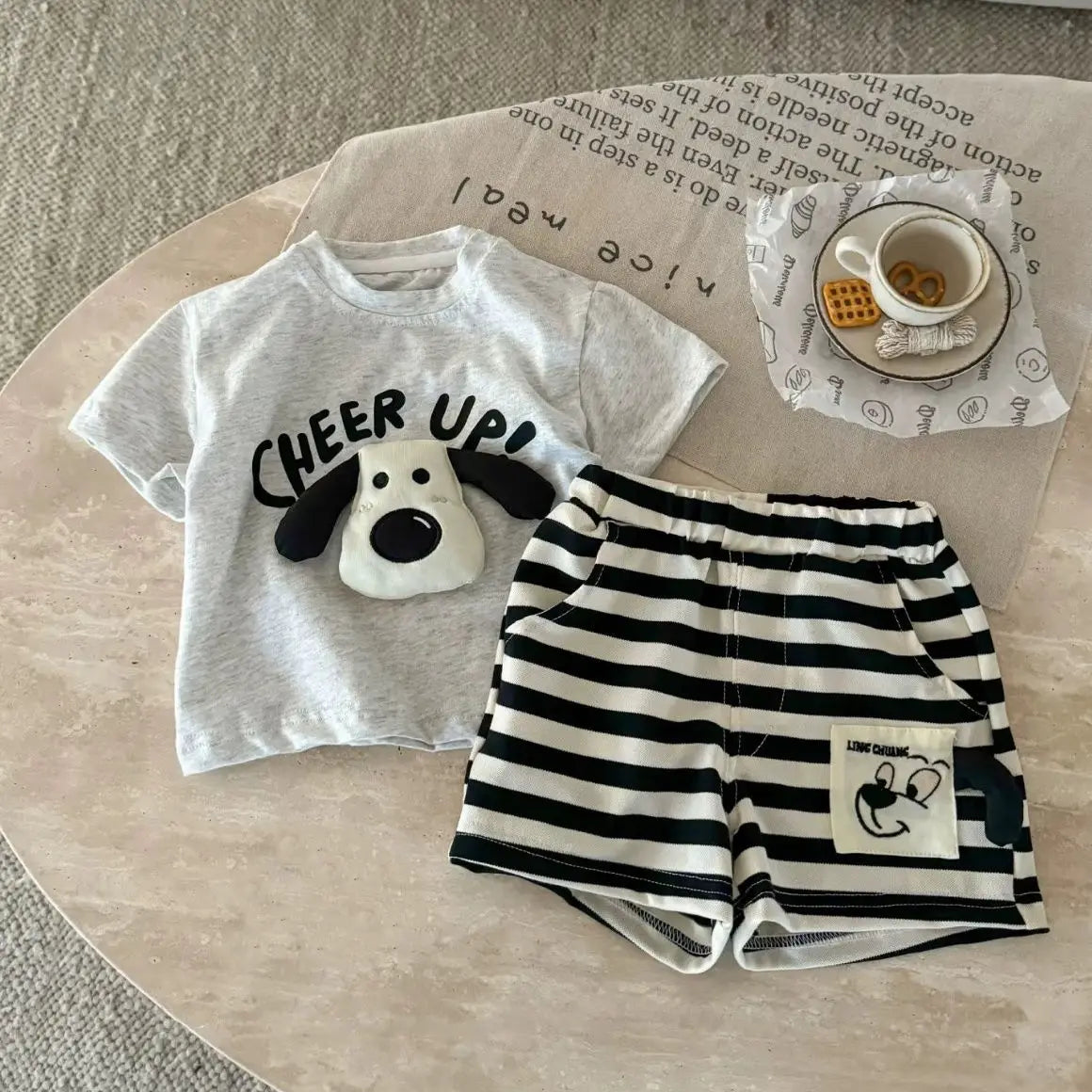 3D Puppy T-Shirt & Striped Shorts Set