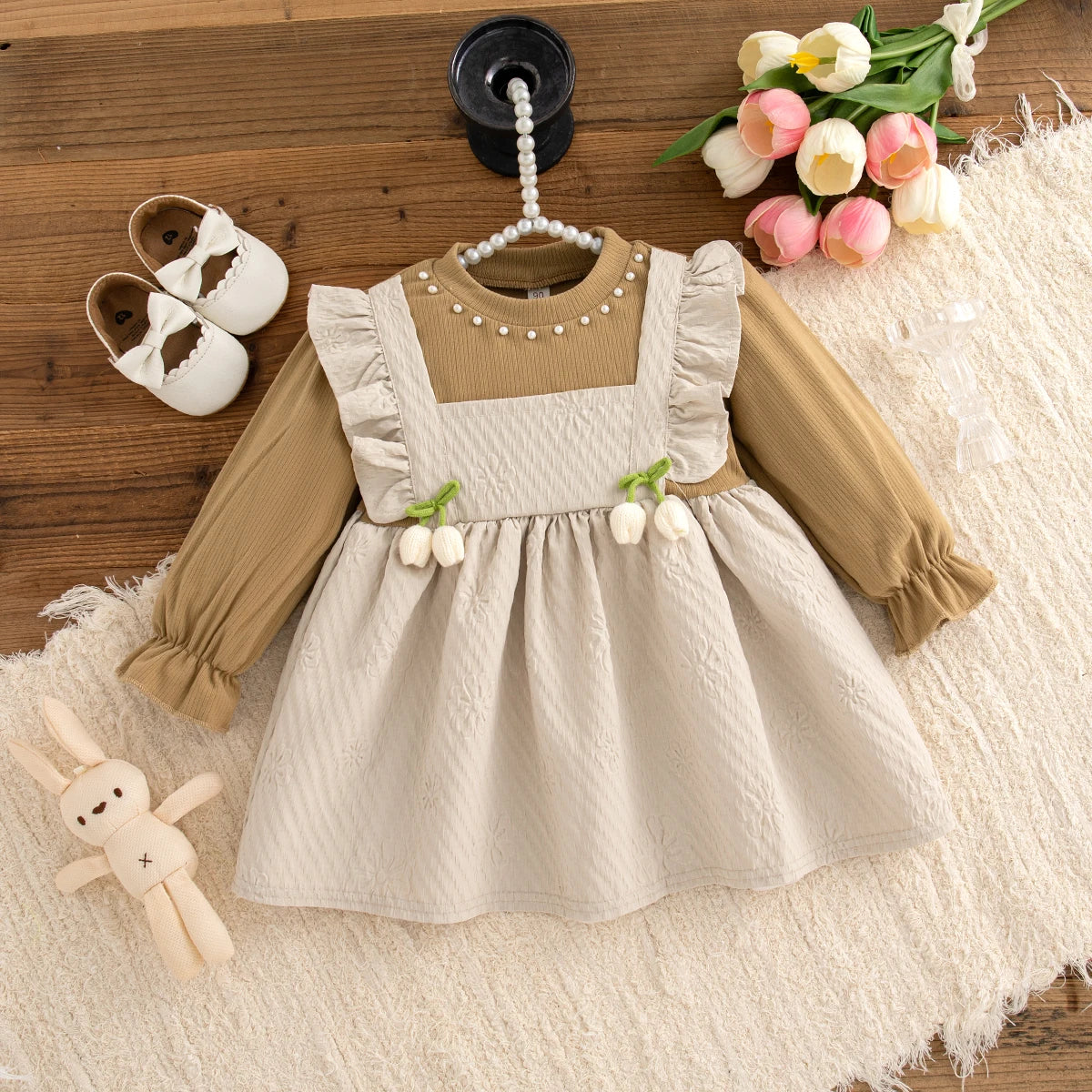 Girl Flower Print Bow Knit Dress - Soft & Long Sleeved
