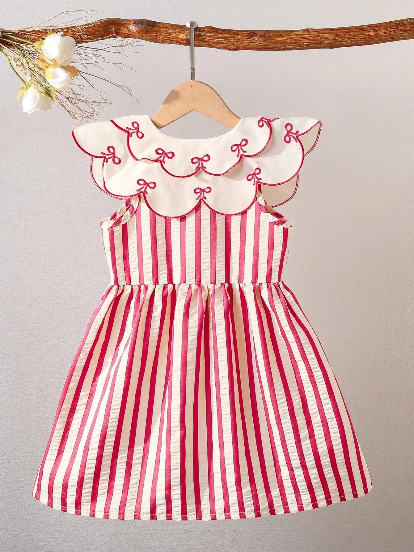 Retro Red & White Striped Dress with Embroidered Collar