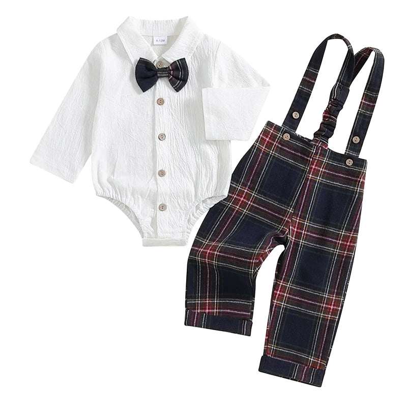 Baby Boy Gentleman Romper Set with Plaid Suspender Pants & Bow Tie