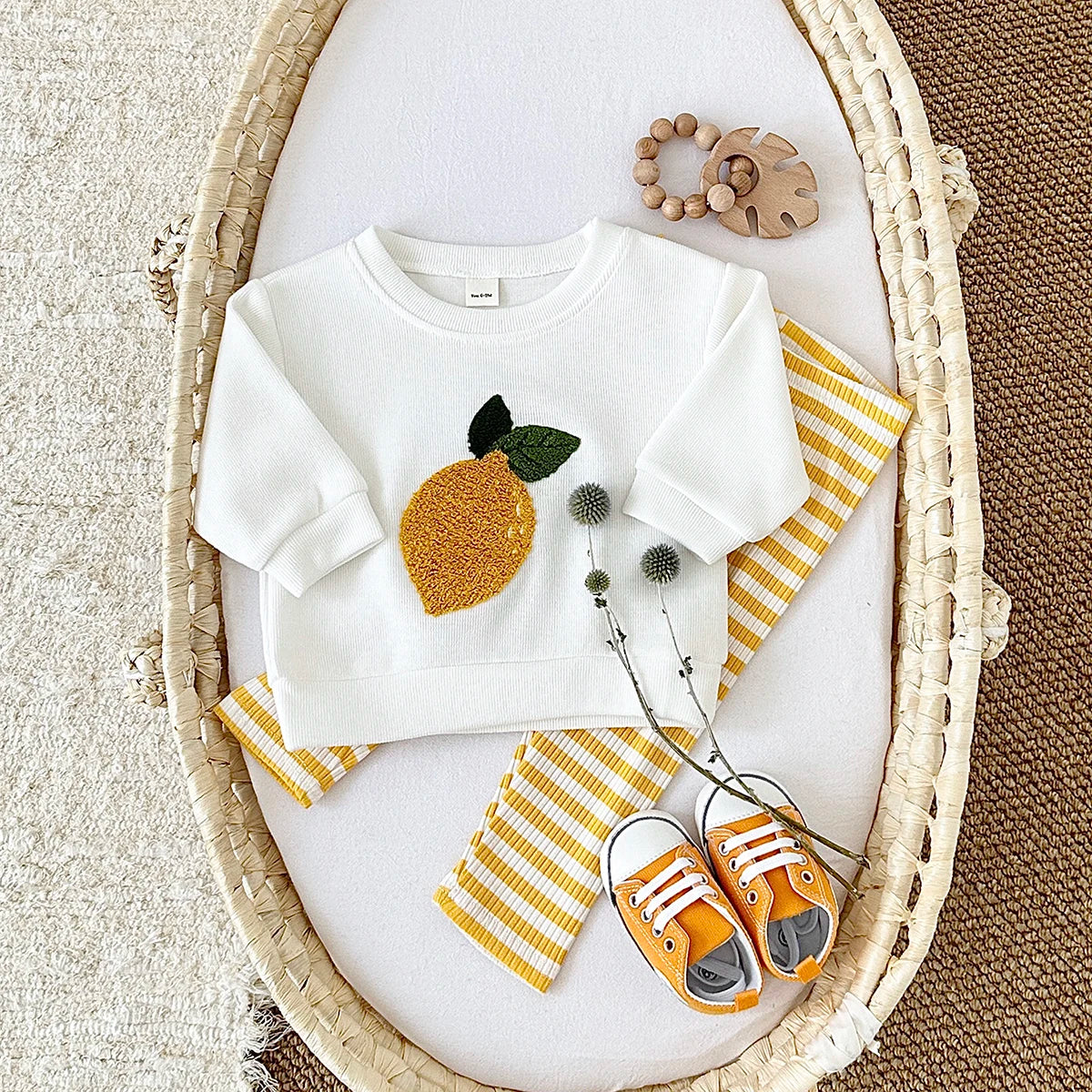 Fruit Embroidered Sweatshirt and Striped Pants Set