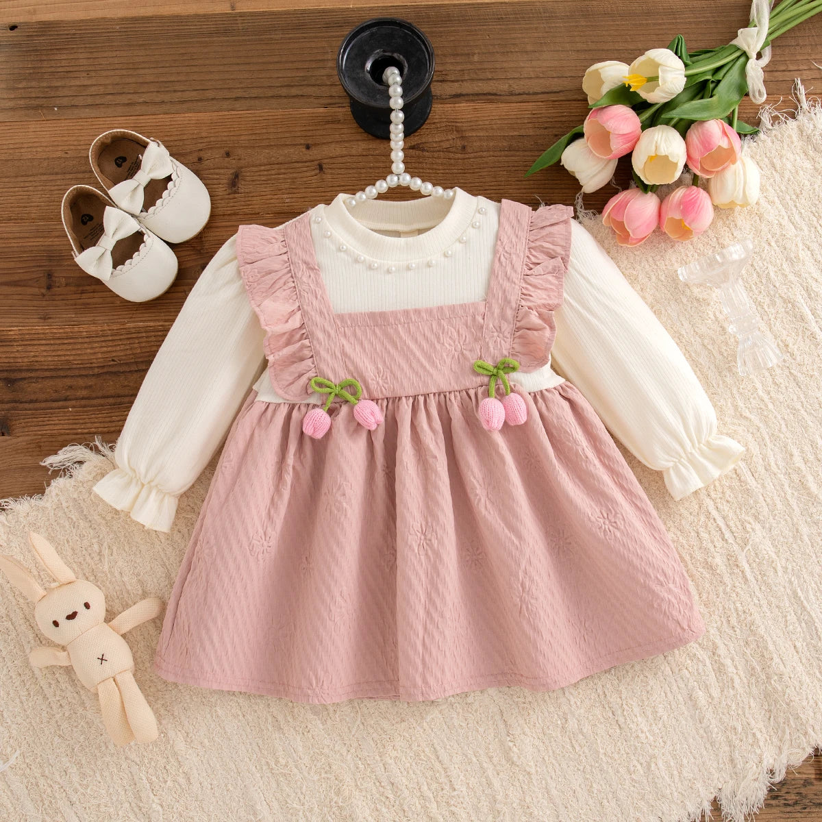 Girl Flower Print Bow Knit Dress - Soft & Long Sleeved