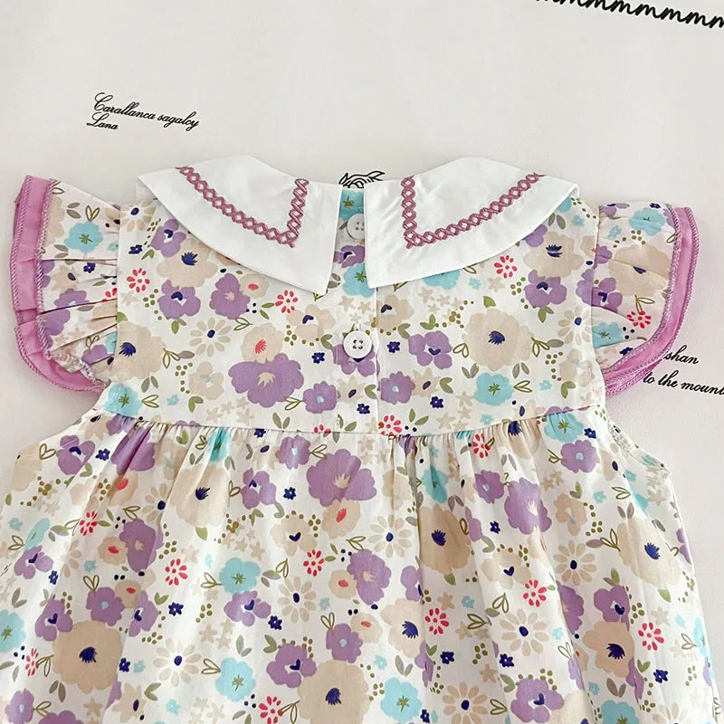 Baby Girl Floral Embroidery Square Collar Sleeveless Bodysuit | Newborn Jumpsuit