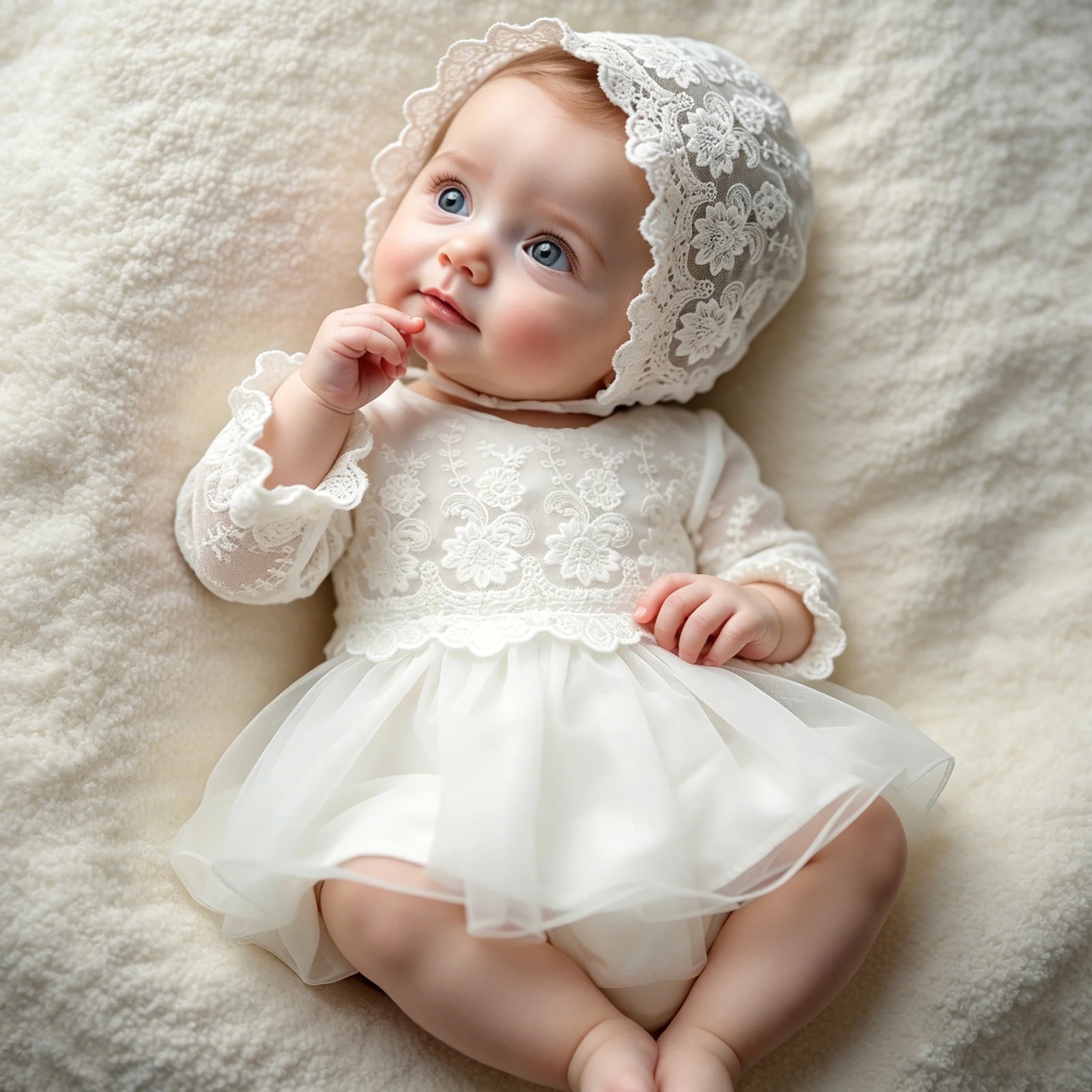 Newborn Princess Lace Tulle Dress with Hat- White Christening Gown