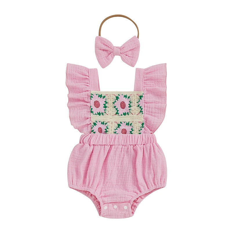 Baby Girl Crochet Flower Smocked Ruffle Romper & Headband Set