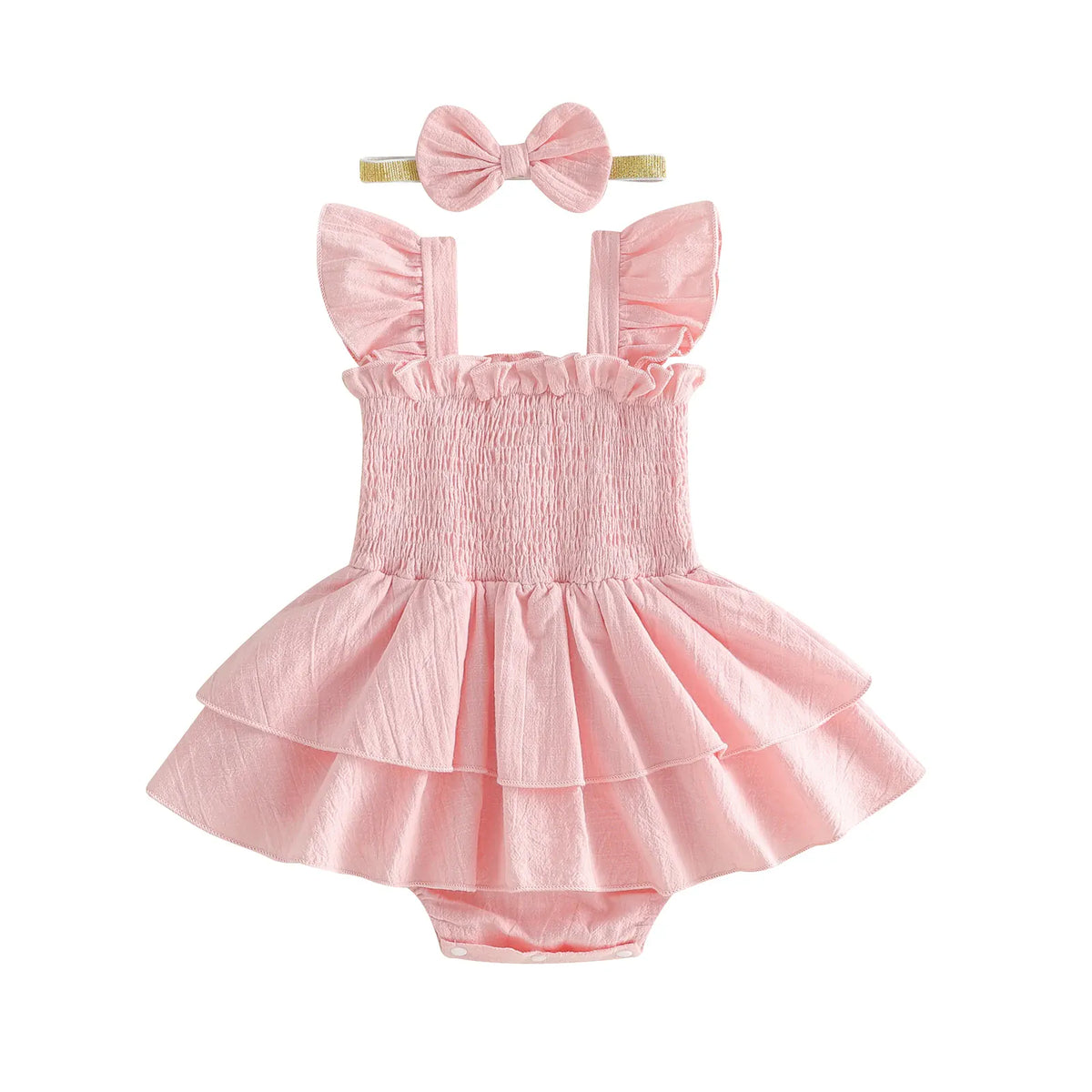 Blush Pink / 0-3M Baby Girl Fly Sleeve Solid Layered Romper Dress with Bow Headband