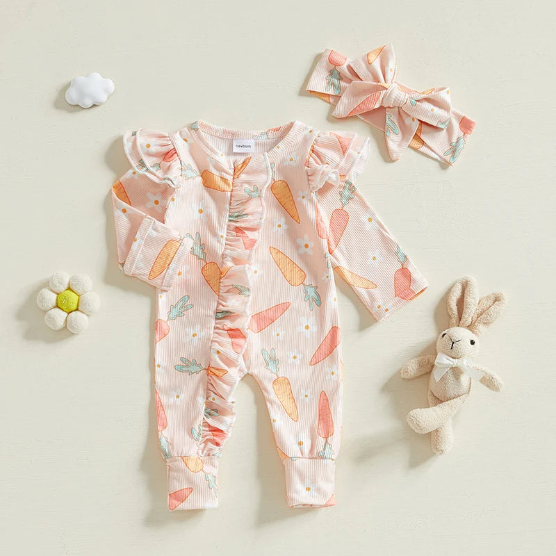 Carrot Print Ruffle Romper & Headband Set