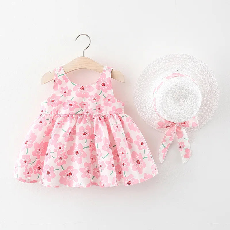 Floral Sling Dress & Gift Hat Set for Baby Girls