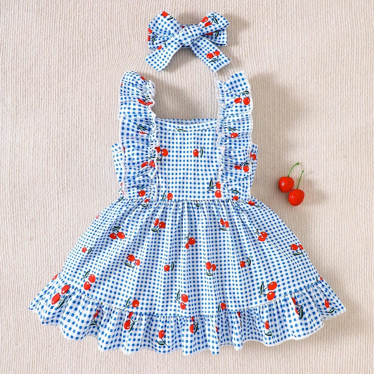 Baby Girl Cherry Plaid Ruffle Dress & Bow Headband 2-Piece Set