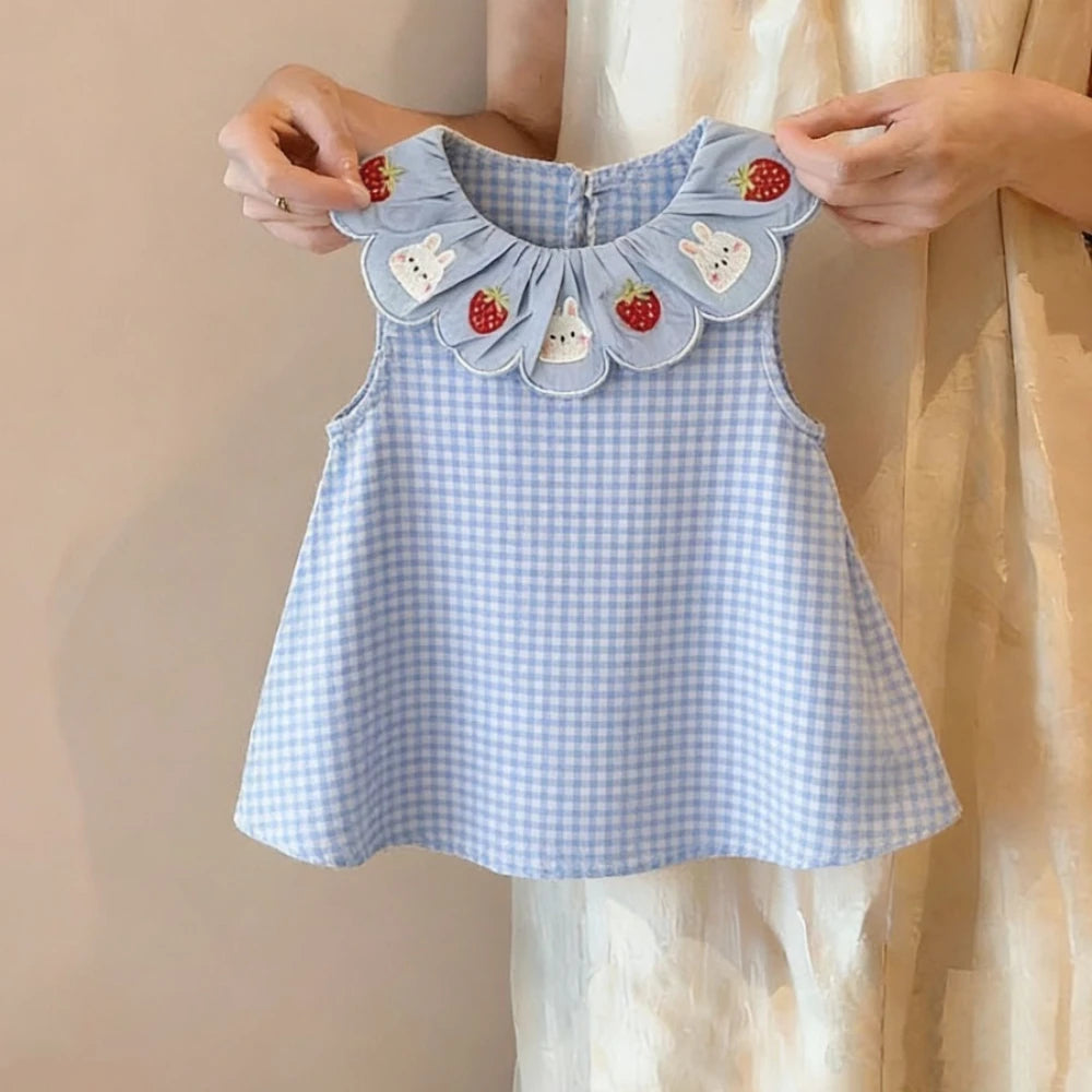 Baby Girl Rabbit Strawberry Floral Plaid Dress | Birthday Party Summer Dress