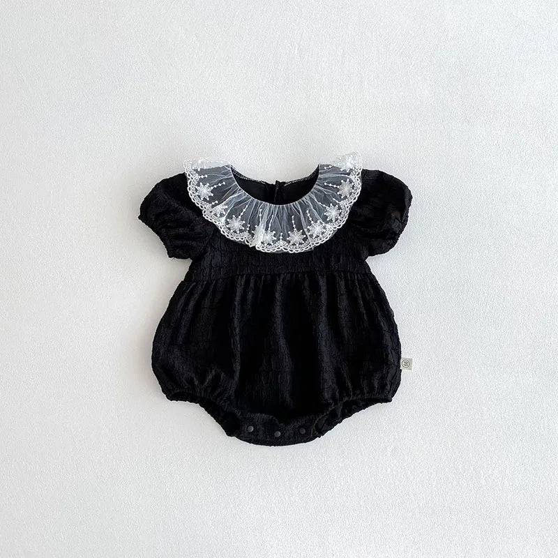 Baby Girl Lace Collar Bodysuit - Embroidered Short Sleeve One Piece