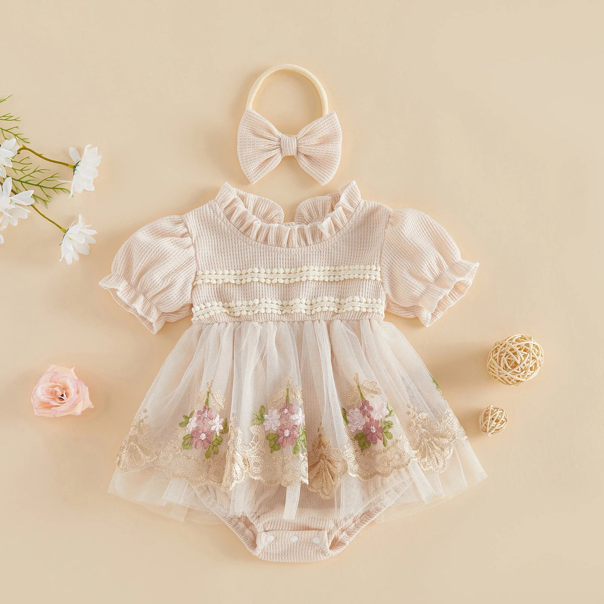 Baby Girl Romper Dress & Bow Headband Set - Floral Tulle Embroidery