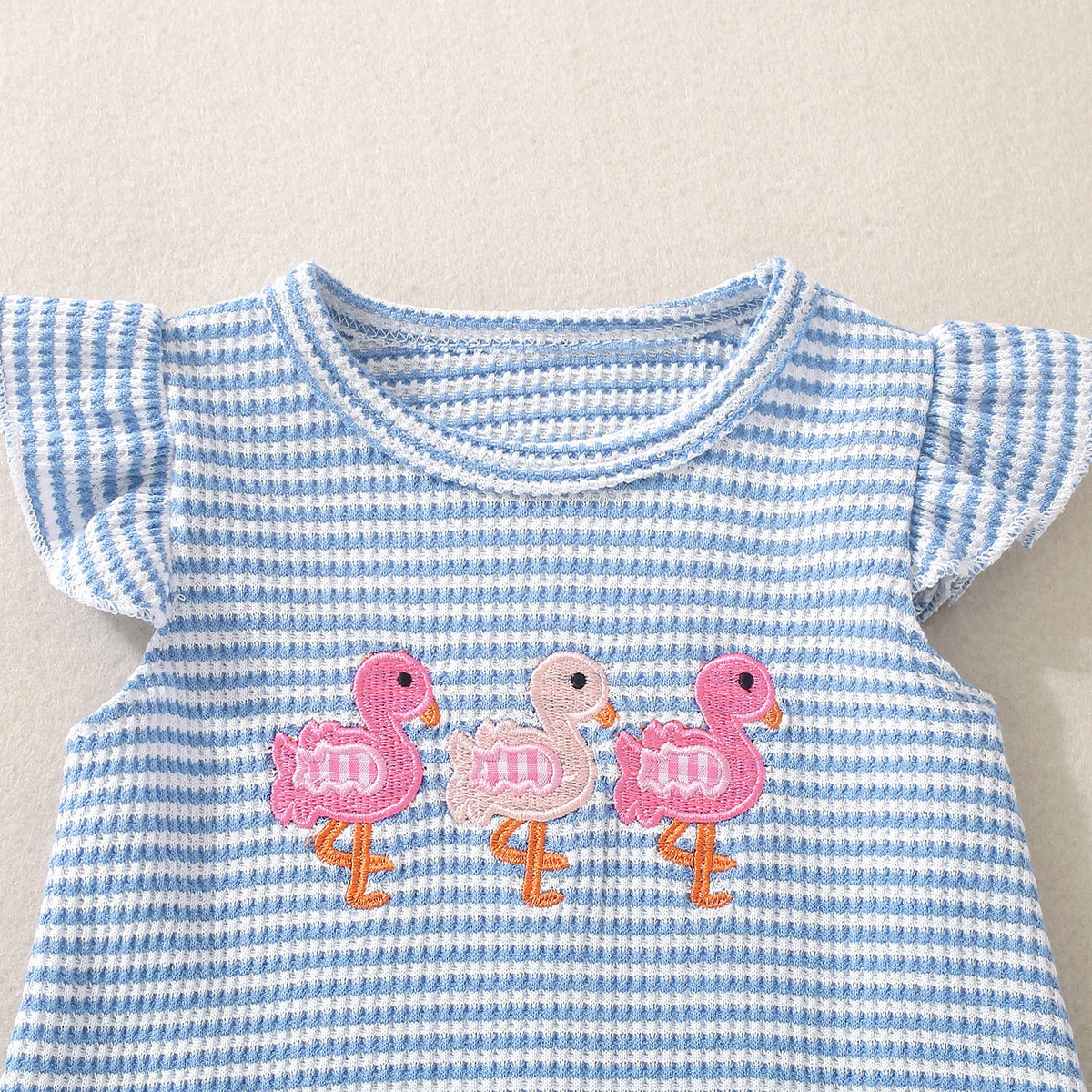 Flamingo Embroidered Waffle Knit Bodysuit with Flutter Sleeves