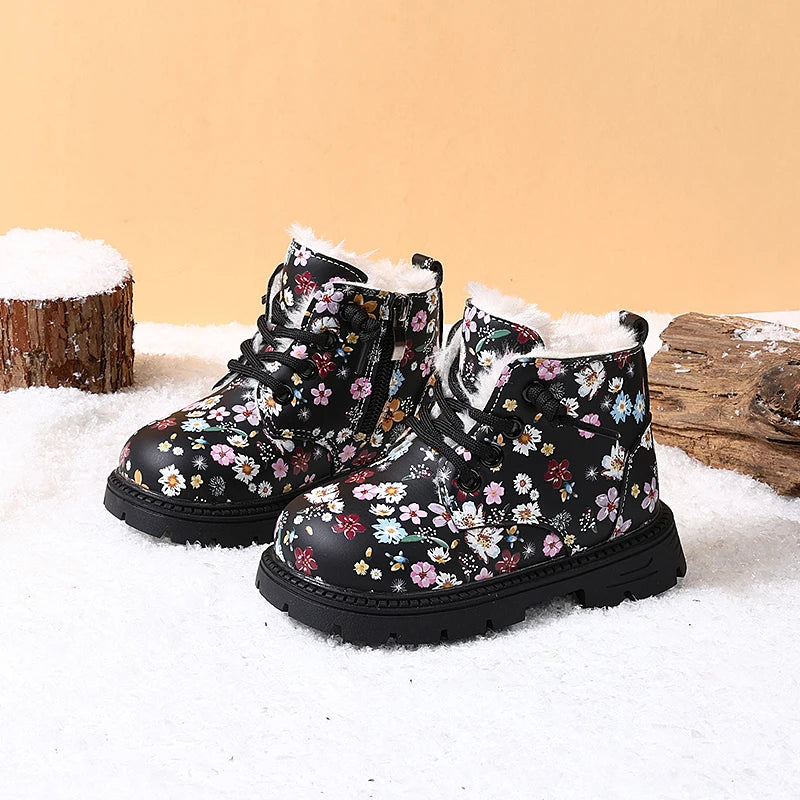 Girls Floral Leather Warm Plush Snow Boots