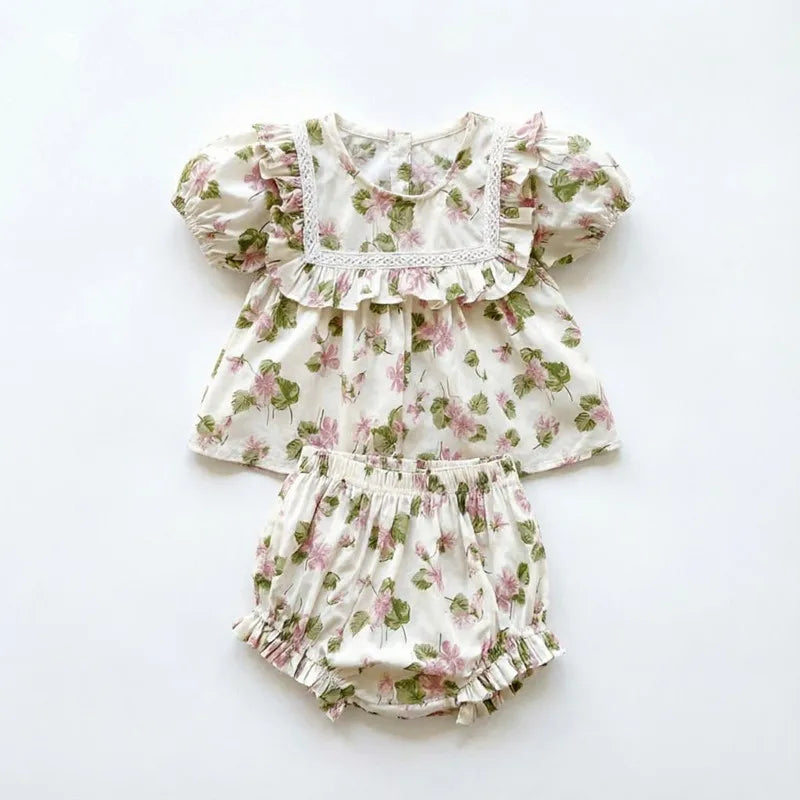 Baby Girl Floral Cotton Puff Sleeve Top & Bloomers 2-Piece Set