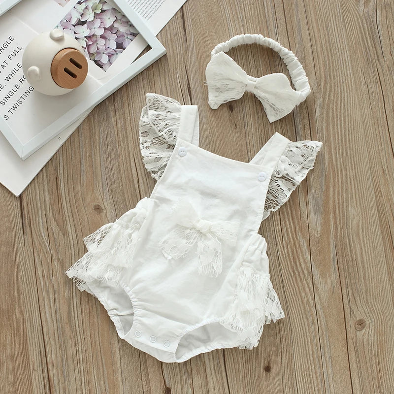 Lace Fly Sleeve Bodysuit & Bow Set for Baby Girls