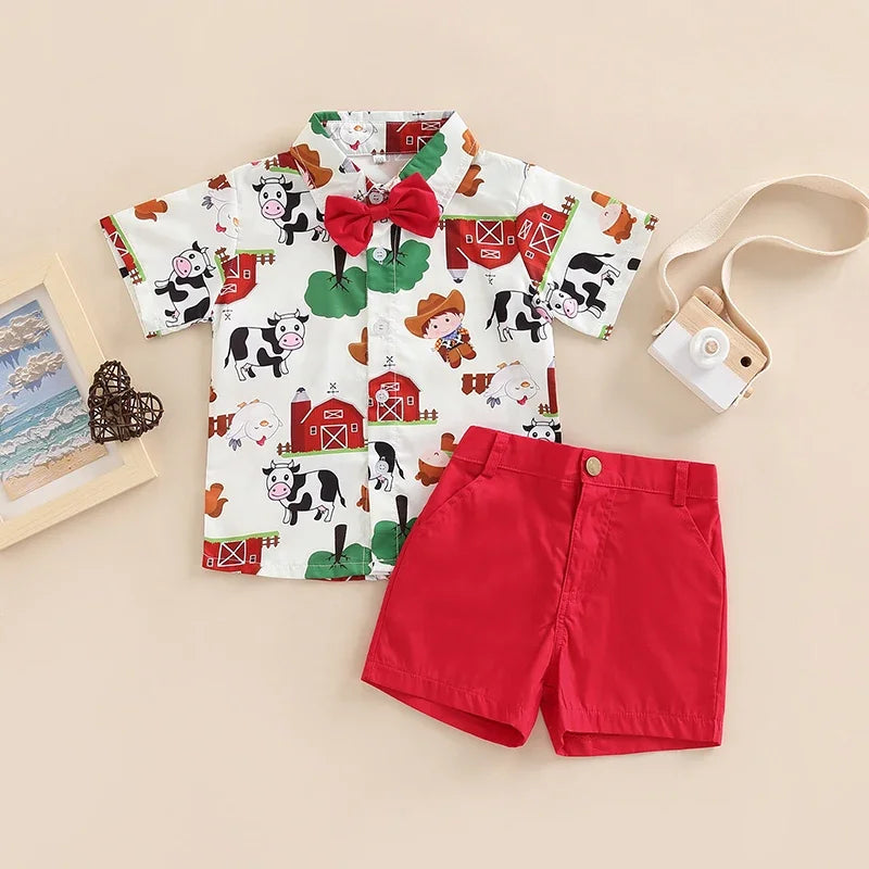 Boys Farm Circus Print 2-Piece Outfit Set with Bow Tie