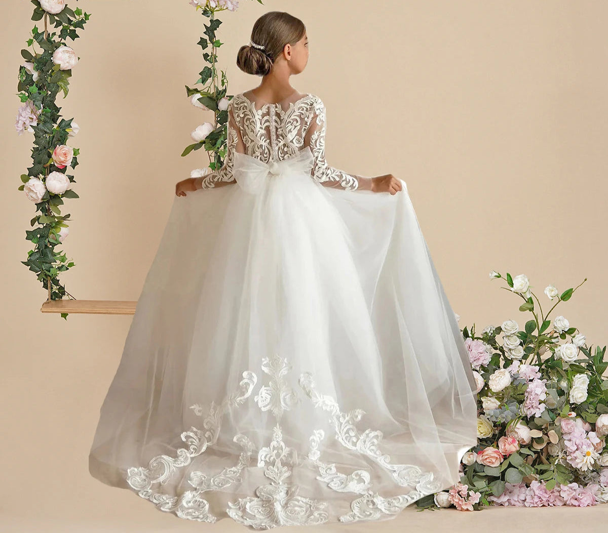 Girls White Lace Communion Dress
