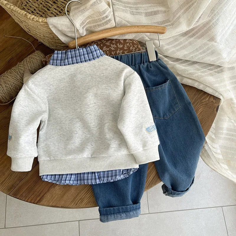 Boys Embroidered Plaid Collar Top & Pants Set