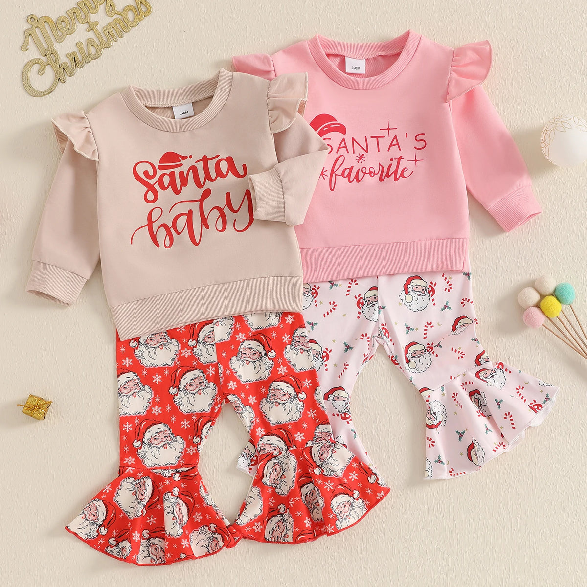 Baby Girl Christmas Santa Sweatshirt & Flare Pants Set