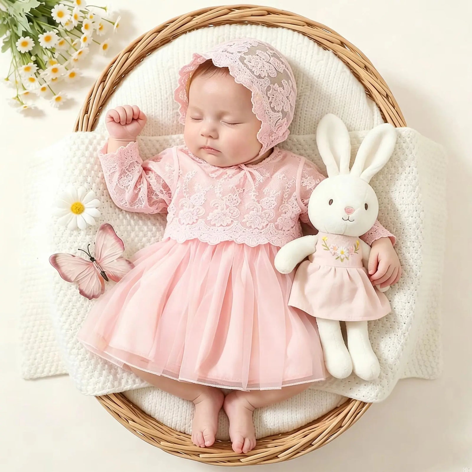 Newborn Princess Lace Tulle Dress with Hat- White Christening Gown