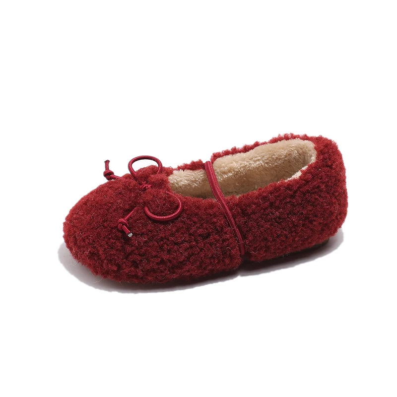 Toddler Girls Winter Mary Jane Flats - Warm Fur Bowtie Shoes