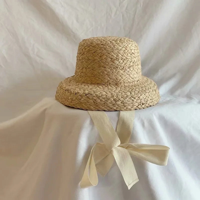 Classic Hepburn-Style Straw Sun Hat for Girls