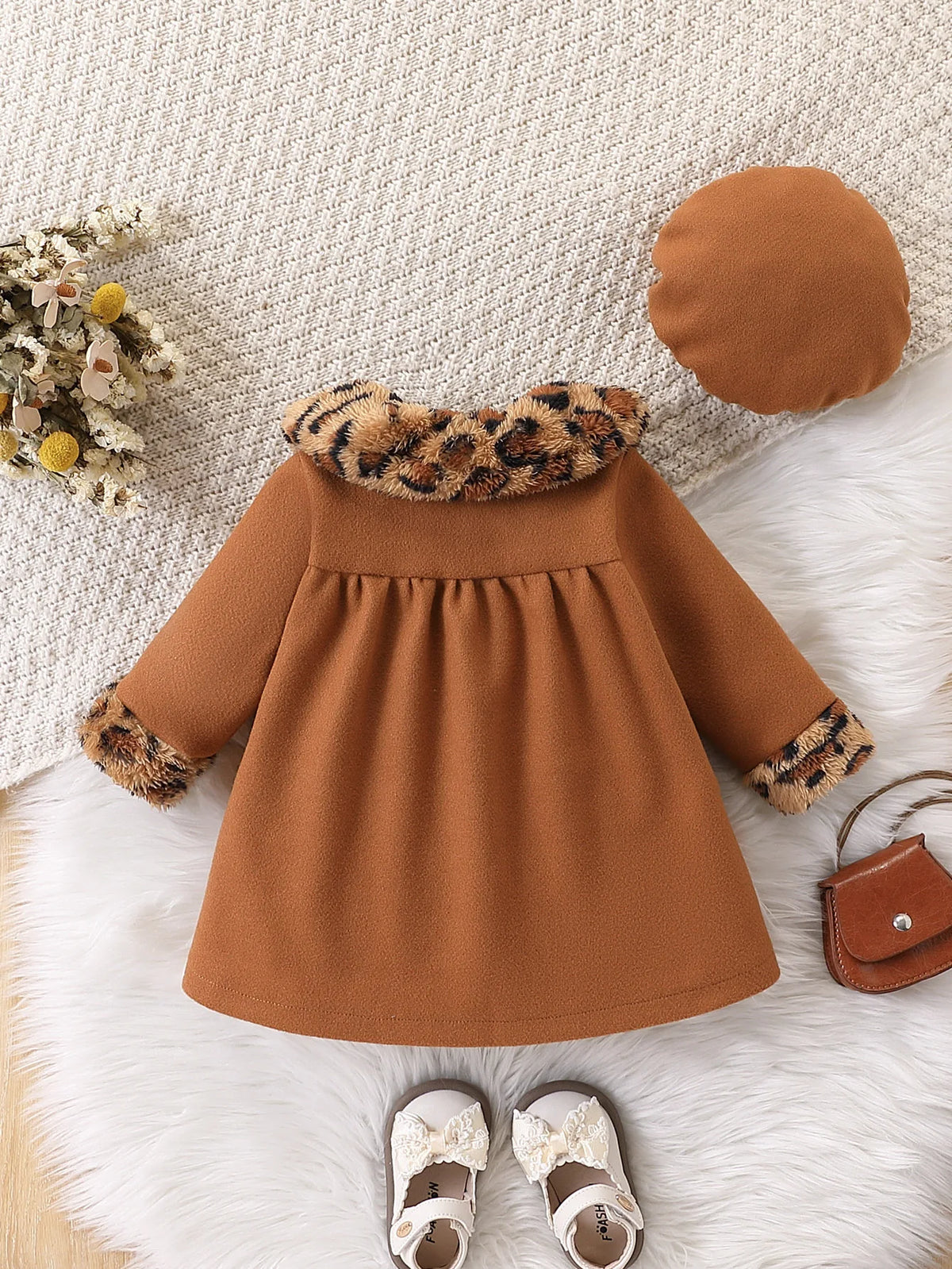 Baby Girl Leopard Print Woolen-Style Coat & Beret Set