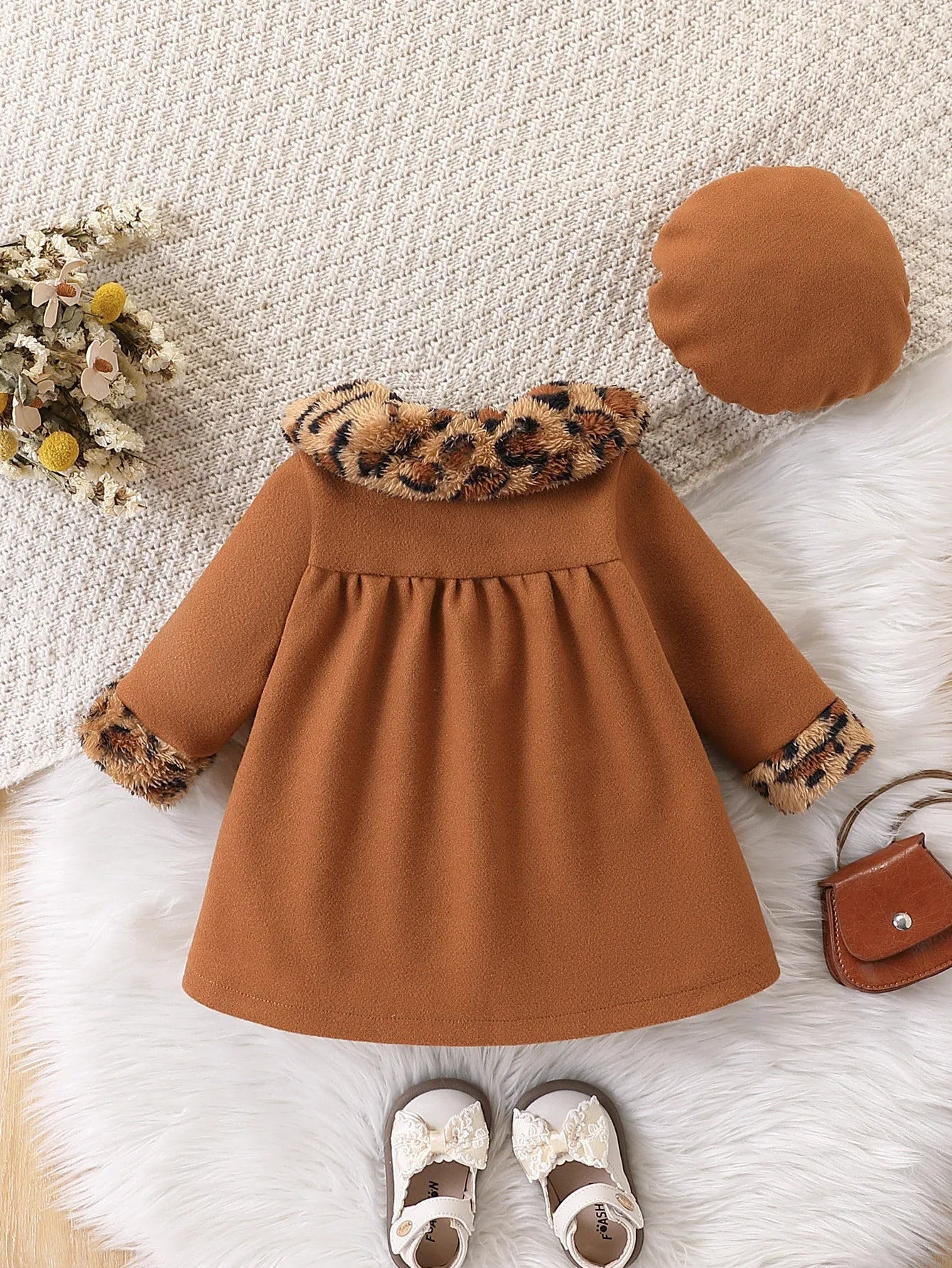 Baby Girl Leopard Print Woolen-Style Coat & Beret Set