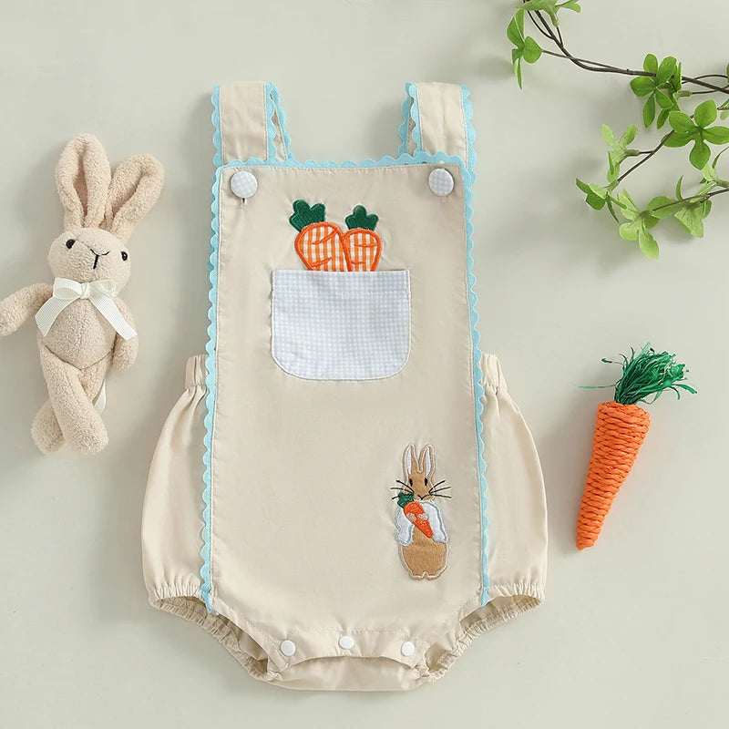 Bunny and Carrot Embroidery Sleeveless Overalls