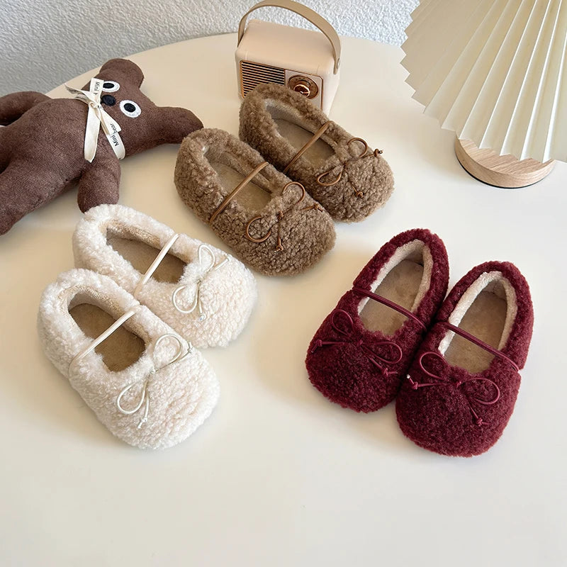 Toddler Girls Winter Mary Jane Flats - Warm Fur Bowtie Shoes
