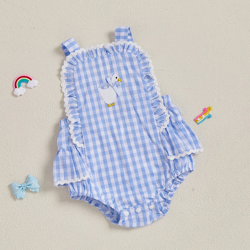 Baby Girl Plaid Duck Embroidery Bow Backless Sleeveless Romper