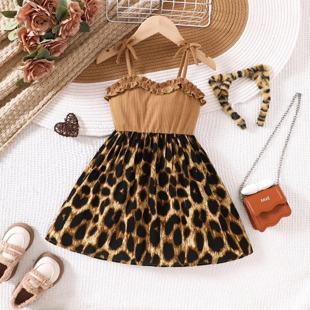 Girls' Khaki & Leopard Print Ruffle Cami Dress