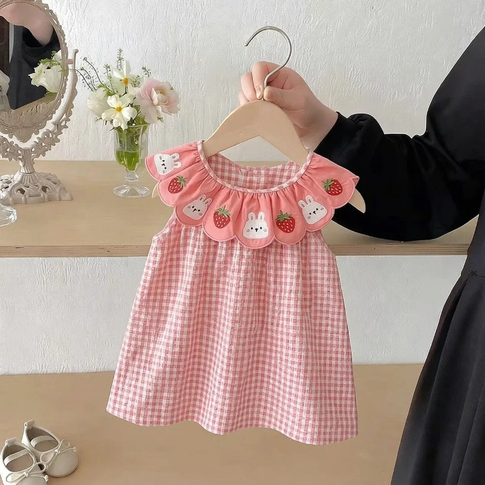 Baby Girl Rabbit Strawberry Floral Plaid Dress | Birthday Party Summer Dress