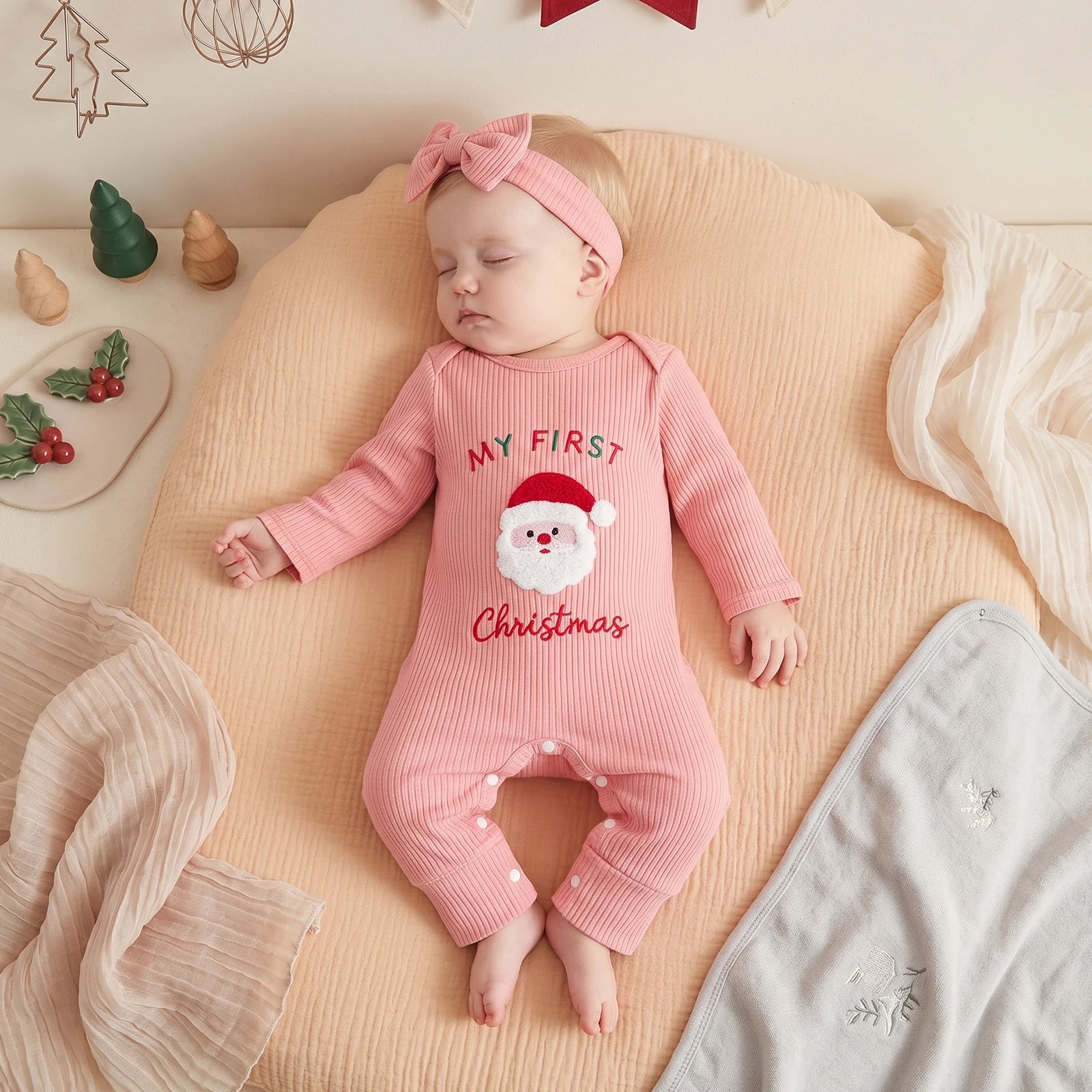Newborn Baby Girl My First Christmas Santa Jumpsuit & Headband Set