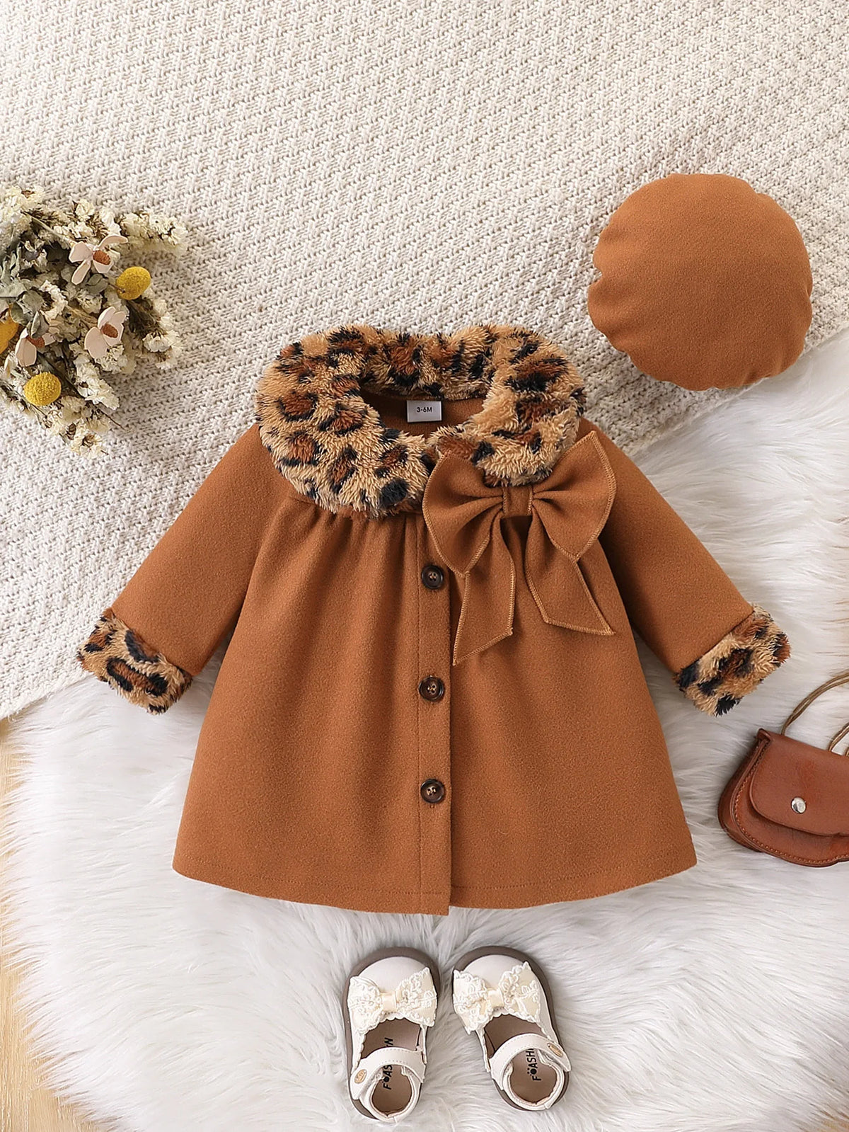 Baby Girl Leopard Print Woolen-Style Coat & Beret Set