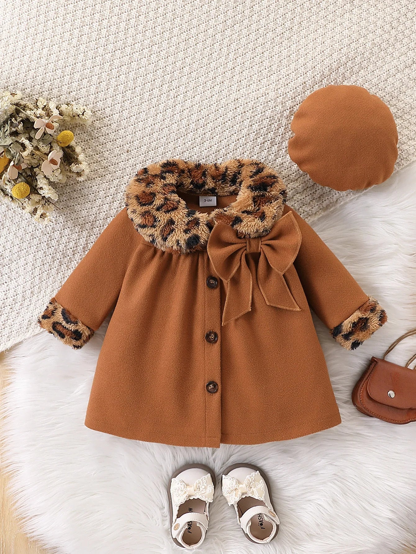 Baby Girl Leopard Print Woolen-Style Coat & Beret Set