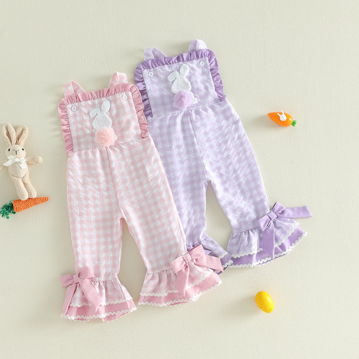 Toddler Girl Bunny Ruffle Bell-Bottom Plaid Romper Jumpsuit