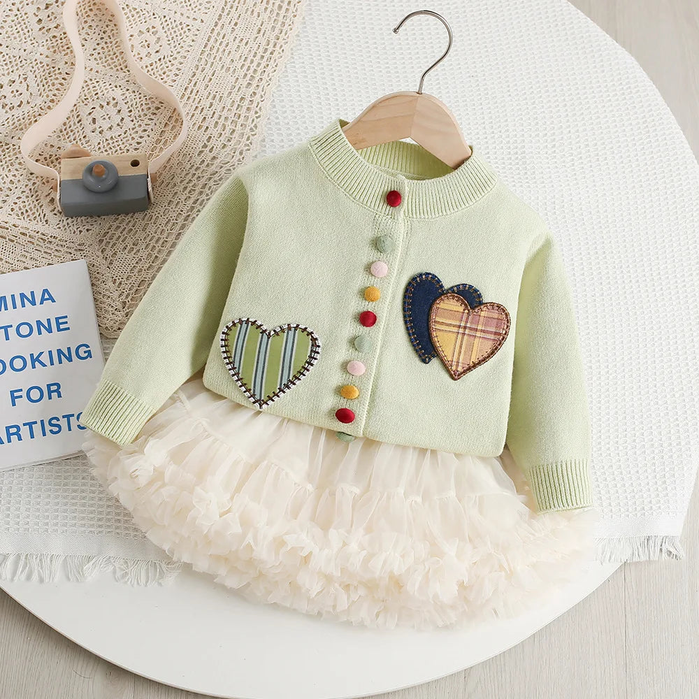 Girls Knitted Cardigan and Tutu Skirt Set - Heart Patchwork 2PCS