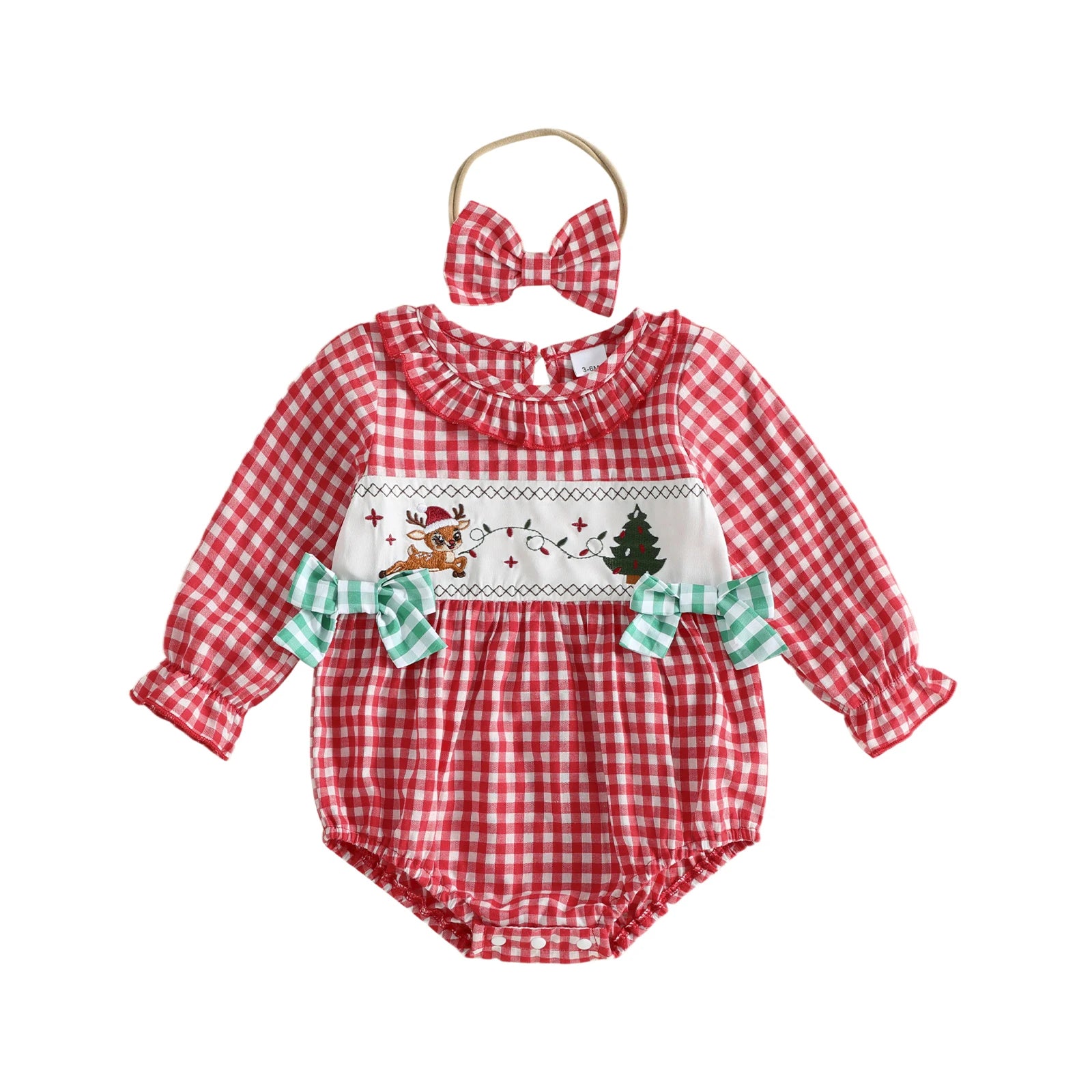 Baby Girl Christmas Gingham Romper & Bow Headband Set
