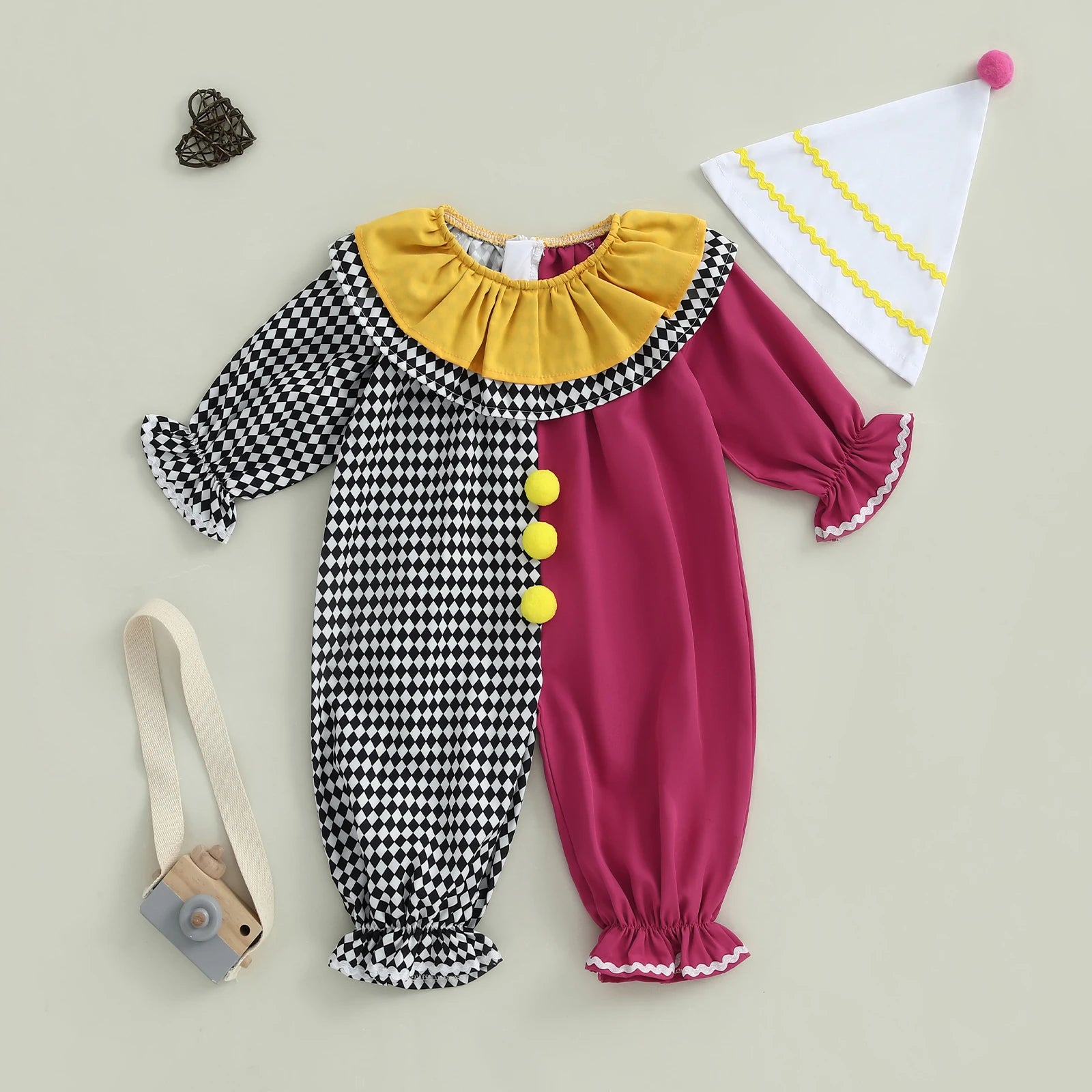 Toddler Clown Costume Jumpsuit & Hat- Funny Halloween Outfit